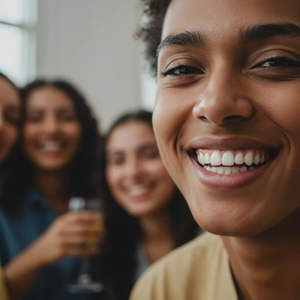 Confident person smiling in a social setting, showcasing the psychological benefits of improved dental aesthetics